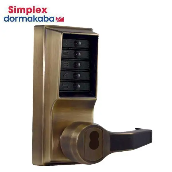 Simplex - LR1021S - Mechanical Pushbutton Cylindrical Lever Set - LFIC Schlage - 2¾" Backset - Antique Brass - RH/RHR