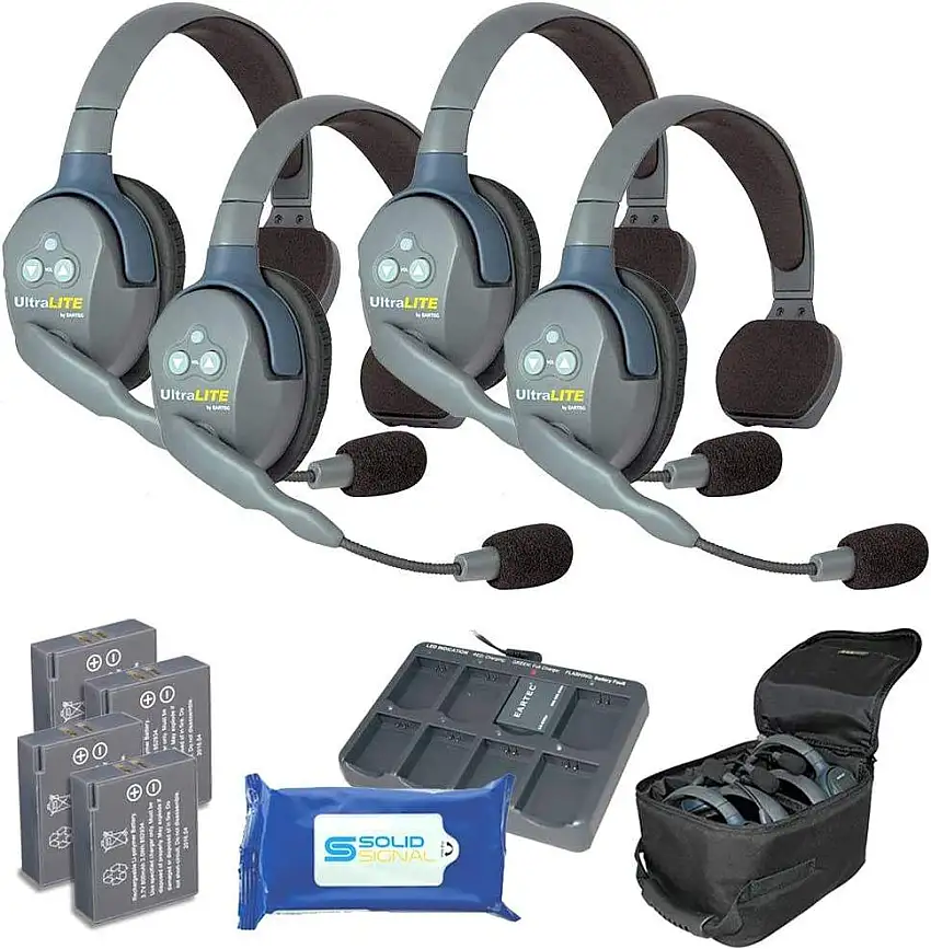 Eartec UL4S Ultralite Full Duplex Wireless Headset Communication for 4 Users - 4 Single Ear Headsets with Solid Signal Cleaning Wipes Bundle