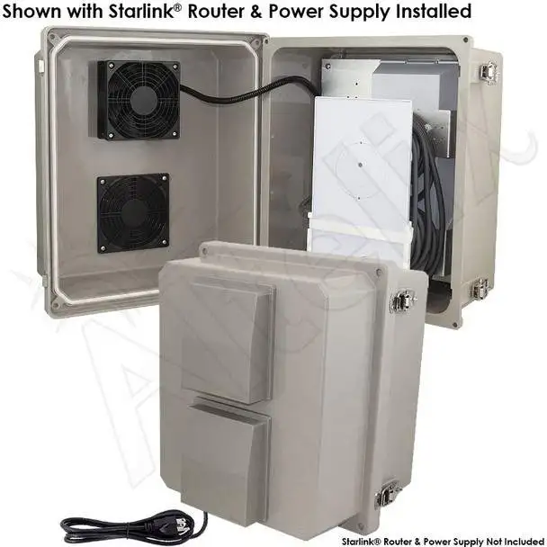 Altelix NF14VFA1C-STK2-PRO - Fiberglass Weatherproof Enclosure for Starlink® Pro Satellite Router & Power Supply with Cooling Fan, 120 VAC Outlets & Power Cord
