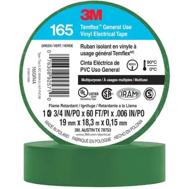 3M Temflex 165GR4A 3/4" x 60' Green General Use Vinyl Electrical Tape